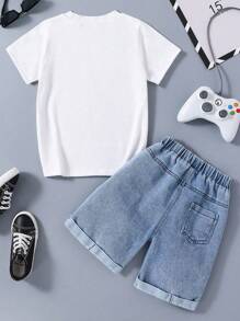 Tween Boy 字母印花短袖 T 恤和牛仔短裤套装 - 白色 - 查看 2