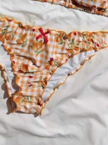 2pcs Lemon Yellow Plaid Print With Red Bow Swimwear Set, Removable Swimsuit Pads, Beach/Pool Holiday Outfits For Women - Orange - View 6