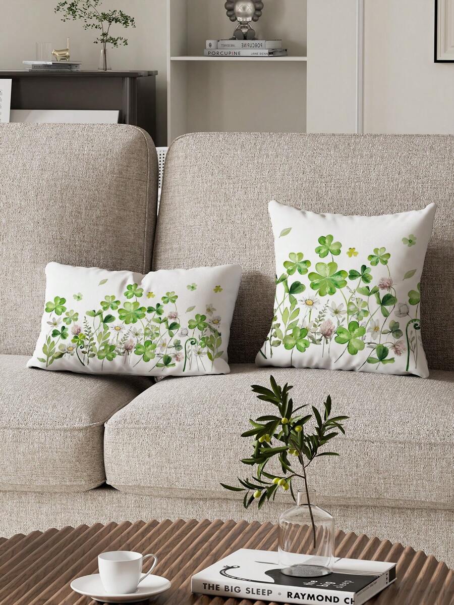 1pc Green Clover Printed Pillowcase, Without Pillow Insert, Suitable For Sofa In Living Room, Bedroom Headboard, Decor Throw Pillow, Lumbar Cushion