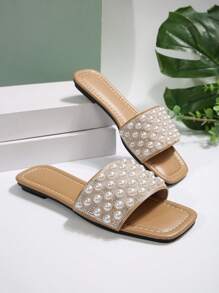 韩版水晶装饰平底凉鞋，女士夏季户外装新款优雅尖头一脚蹬拖鞋