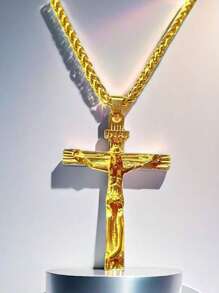 1pc Gold Punk Style Cross Pendant Necklace For Men, Zinc Alloy Material, Fashionable Accessory For Daily Wear