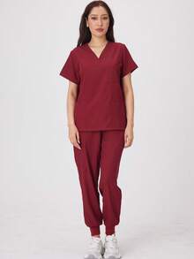 1pc Women's Custom Knitted Polyester Workwear Scrub Set With Patch Pockets, Nurse Uniform Suitable For Pharmacy, Beauty Salon, Doctors And Nurses, Comfortable, Perfect For Professionals. V-Neck Top With 2 Pockets, Elastic Waist Nurse Pants - Ideal Uniform For Female Doctors, Nurses, Dentists - Burgundy - View 3