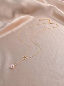 1 pieza Collar con perla natural bañado en oro de 18K para mujer, diseño tipo Y para primavera/verano