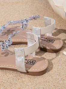 Girls' Sandals With Butterfly Decor, Round Toe Flat Open Toe Princess Roman Shoes, Suitable For Outdoor Walking, Beach Travel, Summer
