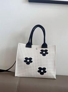 新款花朵镂空针织手提包，大容量针织单肩包，女士休闲手提包和杂货店购物袋，大尺寸手提包，小尺寸斜挎单肩包