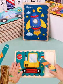 لوح ألغاز خشبي ثنائي الوجه - موضوعات الحيوانات والنقل، تصميم مثير للأحاجي ، لعبة تعليمية للأطفال