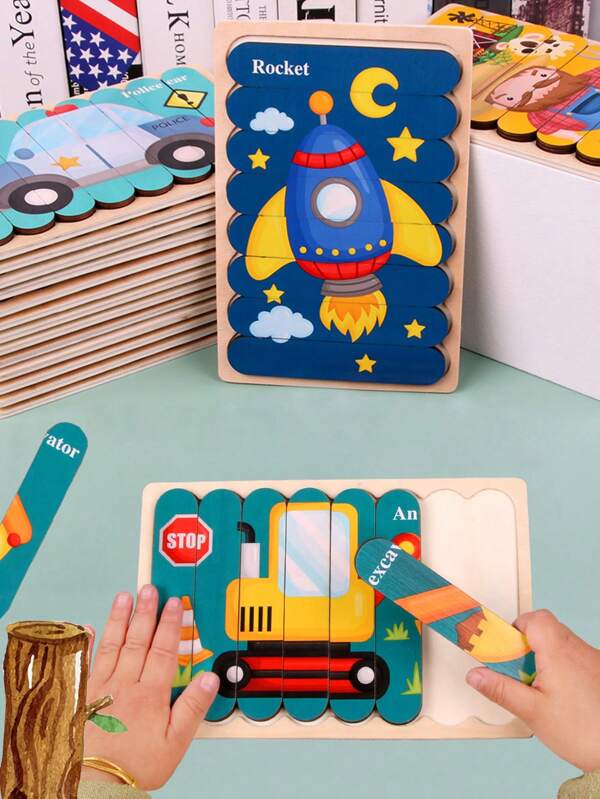 لوح ألغاز خشبي ثنائي الوجه - موضوعات الحيوانات والنقل، تصميم مثير للأحاجي ، لعبة تعليمية للأطفال