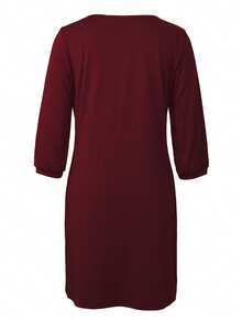 Women's V-Neck Solid Color Mid-Length Sleeve Casual Loose Elegant Dress