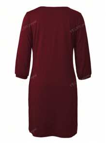 Vestido casual, elegante y holgado de unicolor con escote en V y mangas a media altura para mujeres