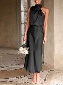 Women's Summer Satin Dress Elegant Sleeveless Fake Neckline Cocktail Gown - 黑色 - 查看 4