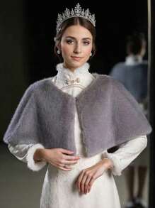 1 件女式象牙色仿皮毛狐狸毛披肩斗篷派对婚礼正式礼服外套 - 白色 - 查看 3