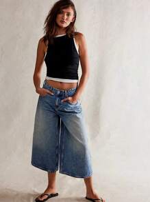 Vaqueros acampanados de estilo retro americano para mujeres de estatura baja, cintura alta, ajuste relajado, bajo sin acabar, longitud 7/8, para verano