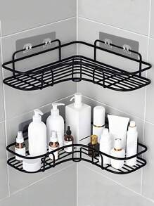 2pcs Bathroom Shelf Corner Rack Bathroom Triangle Rack Punch-Free Bathroom And Kitchen Storage Rack, Practical Home Organization Tools, Home Decoration - Black - View 2