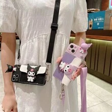 Sanrio Sanrio Kuromi Cartoon Soft Strap Crossbody Phone Case Compatible With Iphone 15 & New IPhone 16 - Built-In Card Slot Wallet Pouch Kawaii Cute Mobile Cover With Detachable Keychain