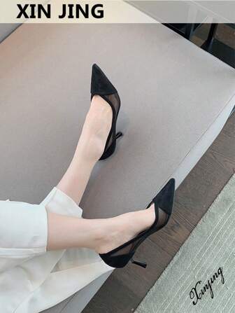 Xin Jing Shoes Fall/Winter Mesh Insert Point Toe Stiletto Heeled Court Pumps, Black Elegant Solid Color High Heel Shoes For Women, Elegant, Kitten Heels