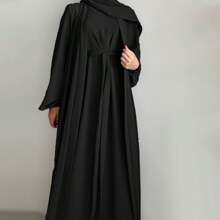 Women's Solid Color Comfortable Casual Loose Open Front Cardigan + Sleeveless Robe Two Pieces Set Abaya Robe With Belt - No Headscarf, Quick Ship - Black - View 6