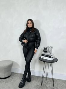 Women's Furry Leather Puffer Jacket Fashion Zipper With Removable Hood - 黑色 - 查看 3