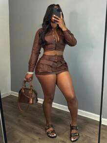 2pcs Set: Solid Color Cropped Leather Jacket & Mini Skirt, Fashion Outfit For Autumn - Coffee Brown - View 2