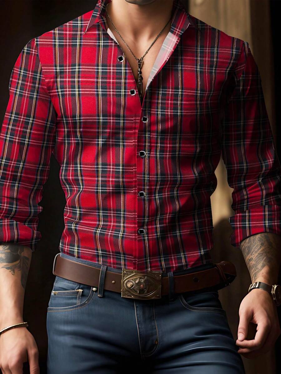 Men's Luxury Plaid Printed Classic Scottish Tartan Long Sleeve Single-Breasted Collared Shirt, Versatile Style Suitable For Casual Occasions, Great Gift For Father, For Fall - Red - View 1