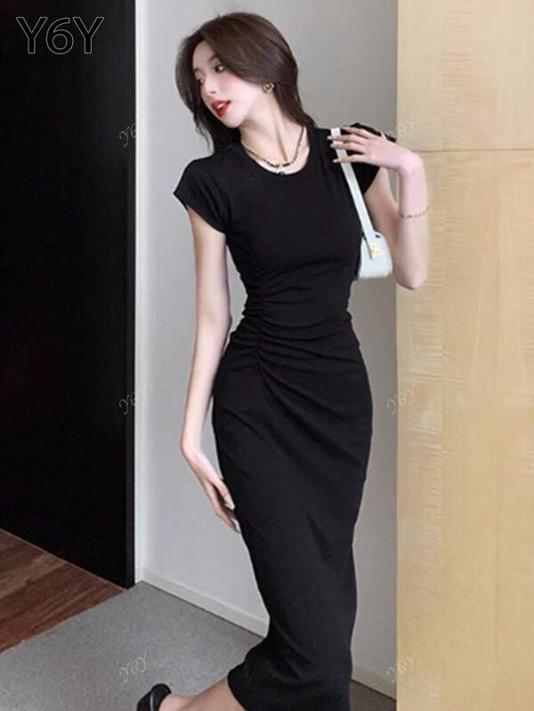 Summer Elegant Shoulder Drop Short Sleeve Round Neck Pleated Waist Fitted Midi Dress, Versatile And Minimalist