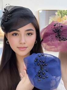 1件优雅欧根纱串珠宽发箍，波西米亚风格头饰，女士可遮盖白发，适合日常、派对、婚礼等场合，发箍，发圈，发饰，头饰 - 彩色 - 查看 1