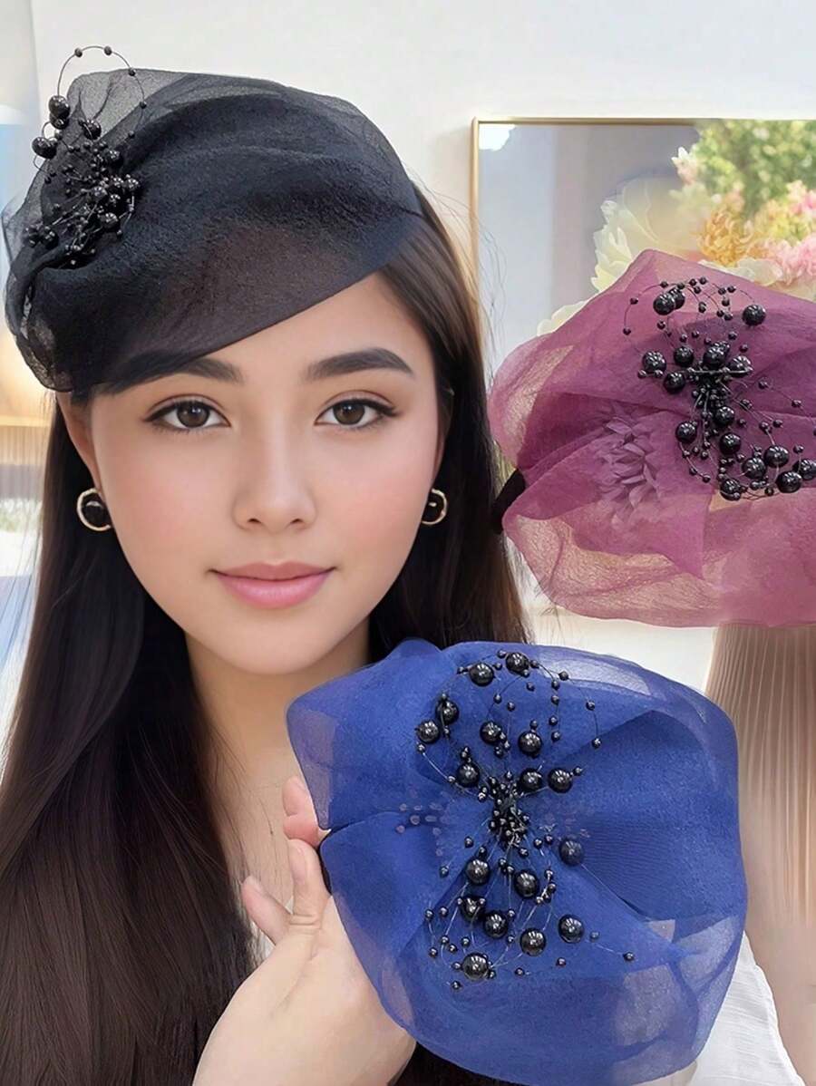 1件优雅欧根纱串珠宽发箍，波西米亚风格头饰，女士可遮盖白发，适合日常、派对、婚礼等场合，发箍，发圈，发饰，头饰 - 彩色 - 查看 1