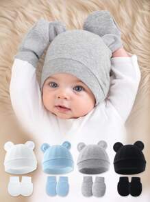 4 件套纯色婴儿帽子 + 防刮手套礼品套装，适合 0-6 个月新生儿，适合春、夏、秋、冬日常休闲穿着 - 彩色 - 查看 2