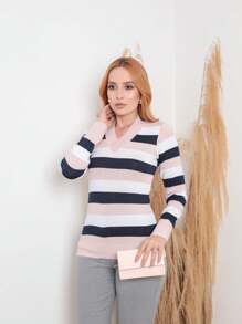 Women's Cold Weather Blouse | Women's Striped Long Sleeve Blouse | Striped V-Neck Blouse | Stripes - 乾枯玫瑰色 - 查看 5