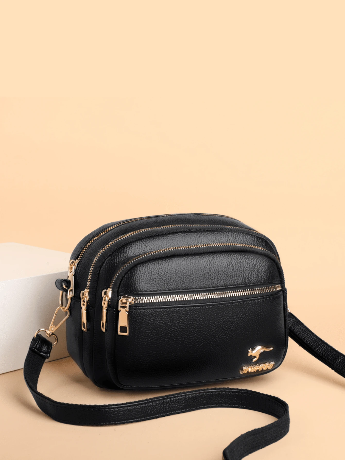 正品奢华三层手提包，女士设计师高品质真皮斜挎单肩包 - 黑色 - 查看 1