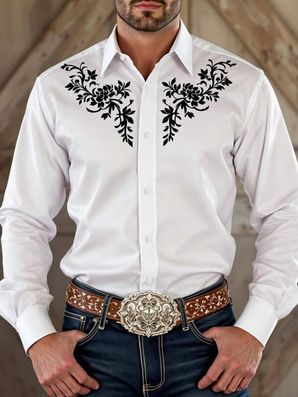 Camisa casual de estilo vaquero y estampado botánico para hombre, otoño