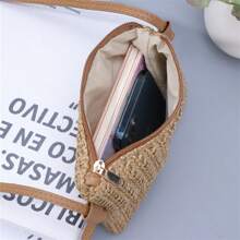 新款时尚百搭编织大容量女士斜挎单肩包，纯色草编手提包，适合度假、沙滩、旅行、手机袋 - 棕色 - 查看 4