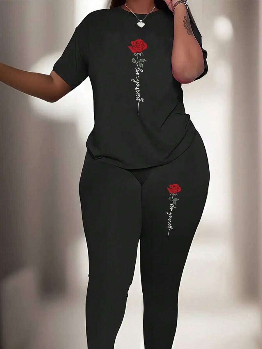 Rose Casual Spring/Summer Two Pieces Set, Crew-Neck Short-Sleeved T-Shirt And Pants Set, Women's Clothing