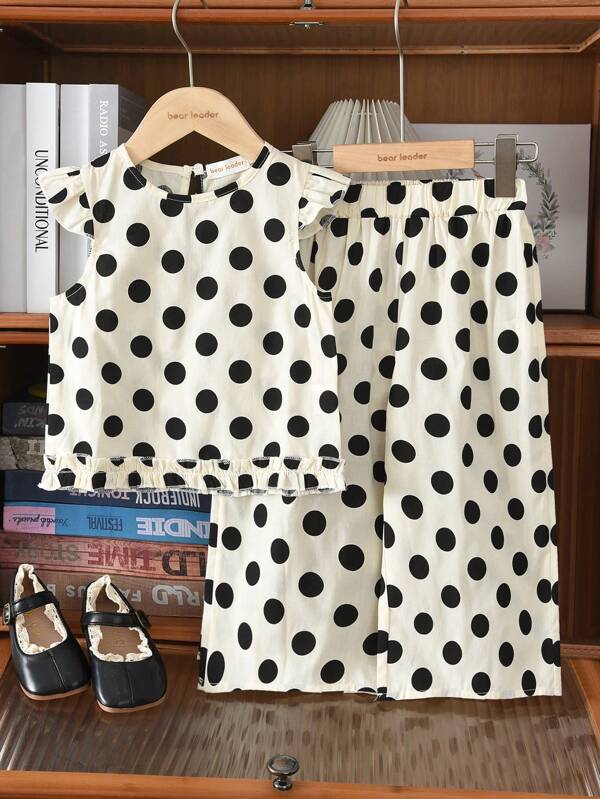 Young Girl 2pcs/Set Polka Dot Flare Sleeve Round Neck Top + Wide Leg Long Pants Summer Outfits