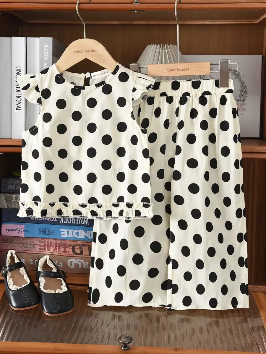 Young Girl 2pcs/Set Polka Dot Flutter Sleeve Round Neck Top + Wide Leg Long Pants Summer Outfits