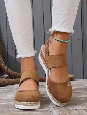 Elastic Band Closed Toe Platform Sandals, Thick Bottom, Woven Rope Design, Wedge Heel, For Plus Size Women