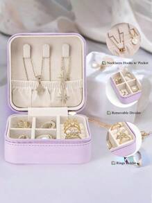 1 件迷你旅行珠宝收纳盒、珠宝盒、便携式珠宝收纳盒带镜子、多层、化妆刷和配件收纳、项链、耳环、戒指架、影响者风格