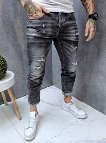 Men's Slim Fit Distressed Denim Jeans - Grey - View 4