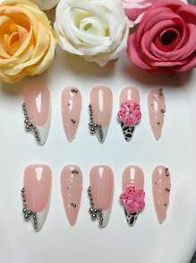 10 Pieces Of Pure Handmade Wearable Nail, Pink And White Color Matching, Leopard Print Drawing, Thread Bulge, Small Silver Balls To Form Chain Decoration, Handmade Raised Small Flower Decoration. It Is Suitable For Daily Leisure Vacations, And When Attending Banquets, Parties, Dances, Banquets And Other Activities.