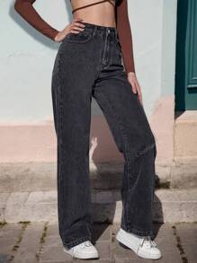 Pantalones vaqueros rectos de unicolor casuales para mujer, Jeans de mezclilla rectos y sueltos con bolsillos para mujer, Vaqueros negros rectos y holgados