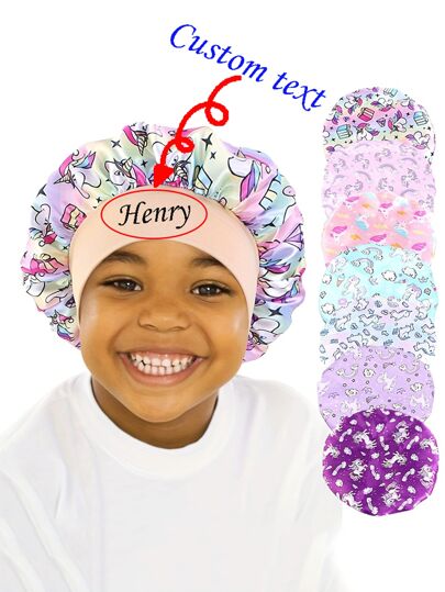 Customized Text Baby Sleep Cap, Cute Cartoon Print Children's Satin Sleep Cap, Hair Protecting Elastic Wide Brimmed Round Cap, Soft & Elastic, Perfect For Boys, Girls, Birthdays And Daily Wear,Multi-Functional,Ornamental,Letter,Stylish,Modern,Colorful,Cute,Adorable,Casual,Soft,Custom,Personalised,Unique,Customized,Baby Gifts,Ideal Gifts For Him,Ideal Gifts For Her,Son,Daughter,Kids,Urban Gala