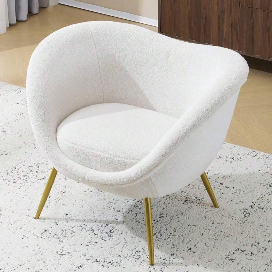 Modern Accent Chair For Living Room, Lounge Chair For Bedroom With Gold Metal Legs, Vanity Chair For Makeup Room, Teddy Velvet, Cream White - Cream White + Teddy - View 1