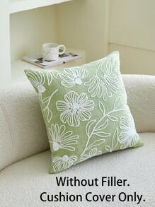 1pc Green Flower & Leaf Embroidered Decorative Pillow Cover, Suitable For Indoor Decor, 4-Season, Without Insert - Green - View 5