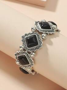1 件复古几何镶嵌绿松石弹性手链 - 黑色 - 查看 1