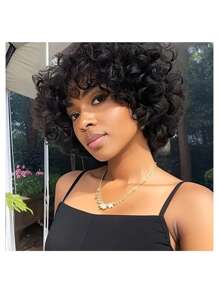 8-calowa krótka peruka Bob Curly z grzywką, peruka z ludzkich włosów Pixie Cut, sprężyste , do noszenia przez kobiety, brazylijskie włosy, bez koronki, peruka z przodu wykonana maszynowo, 8 cali