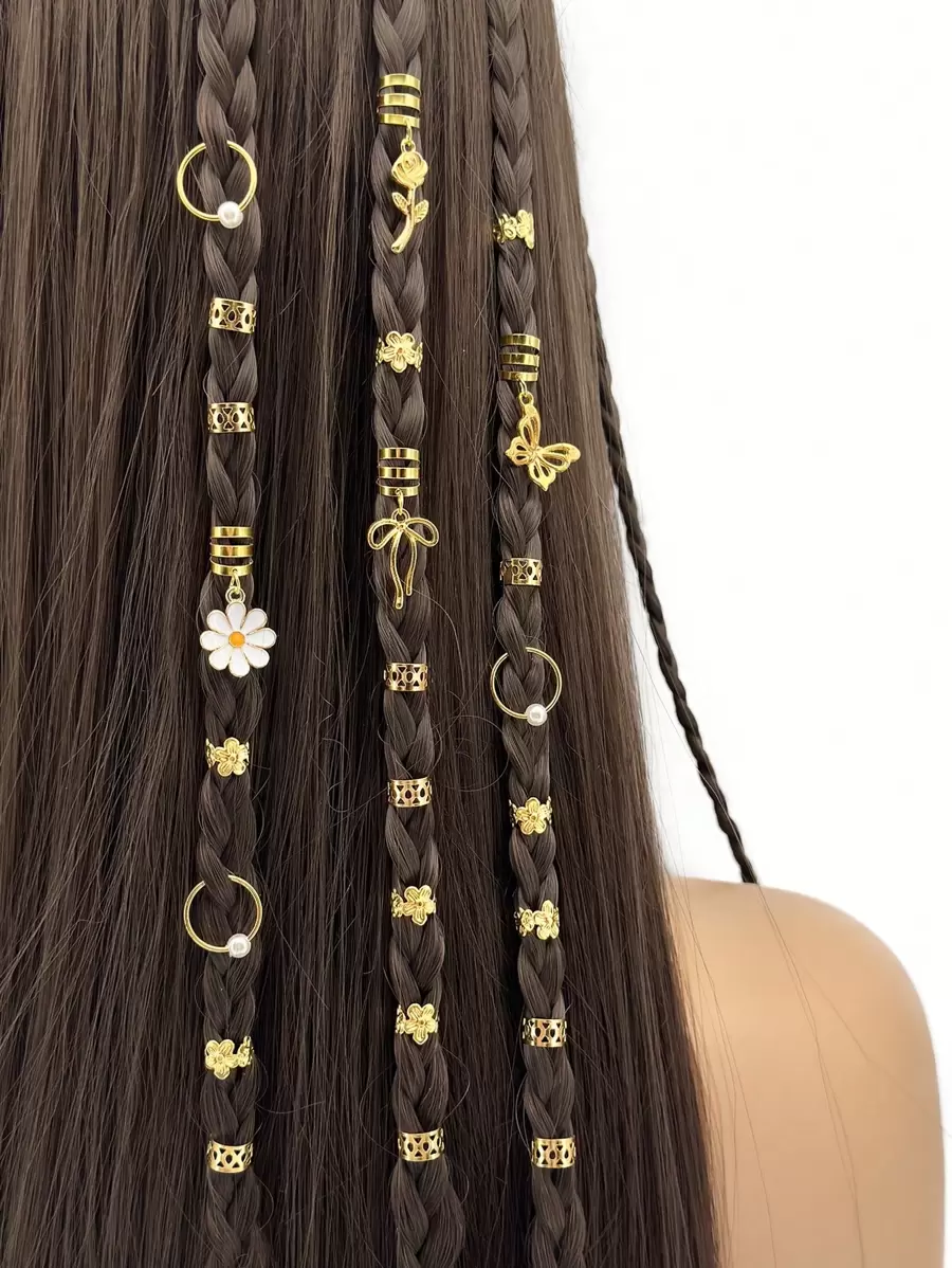 27pcs Butterfly Flower Y2K Bow Dreadlock Hair Jewelry Accessories For Braids Gifts For Girls And Women Perfect For Dances And Parties Music Festival Hair Clips, School Stuff - Gold - View 1