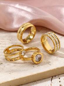 4/5 Pieces Fashionable And Exquisite Stainless Steel Ring 18k Gold Plated With Diamonds Round Square Ring Suitable For Women'S Daily Wear Dating Play Wedding Engagement Holiday Gift Jewellery