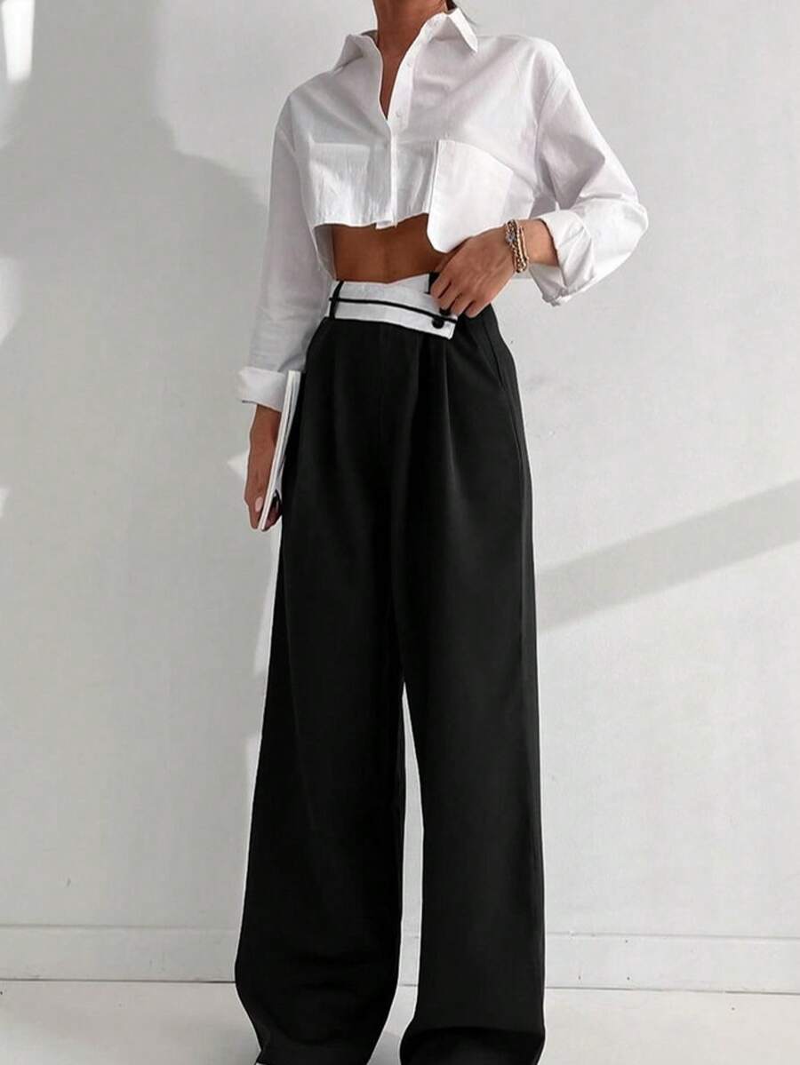 ELVA Women's Summer Casual Asymmetric Waist Contrast Color Wide Leg Pants, - Black and White - View 1