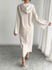 Arabic Women's Dress, Striped Luxury Sequin Beaded Patchwork Dress, Lightweight Loose Casual Hooded Long Dress For Autumn, Arabic Party Festival Fashion Essential, Hooded Maxi Dress, Holiday Dress, Luxury Evening Gown, Elegant Style, Casual, Beach Vacation Dress For Women - Apricot - View 3