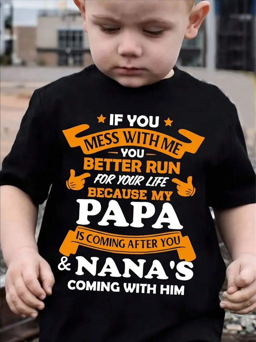 My Papa Is Coming Print Boy's Casual Tees, Short Sleeve Crew Neck Comfy T-Shirt Kids Summer Outdoor Sports Clothing - 黑色 - 查看 1