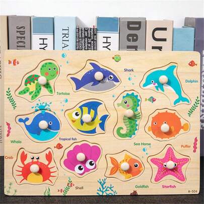 Juguetes Montessori para bebé - Rompecabezas de madera tipo tablero de agarrar, juegos de tangram, rompecabezas 3D de animales de dibujos animados y frutas, juguetes educativos